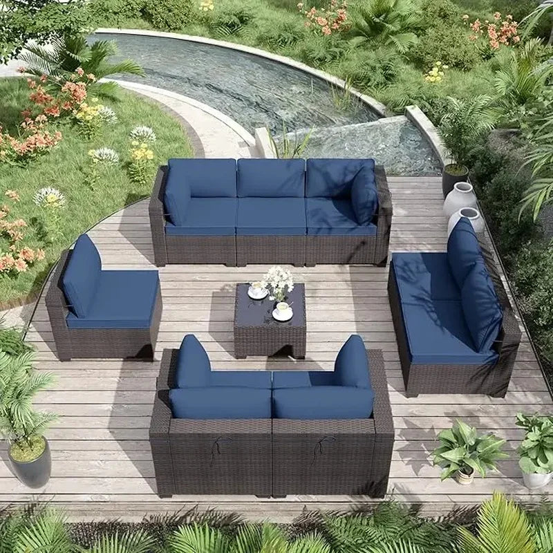 Outdoor Patio Sectional Sofa Set - 9 Piece Brown PE Rattan Conversation Furniture