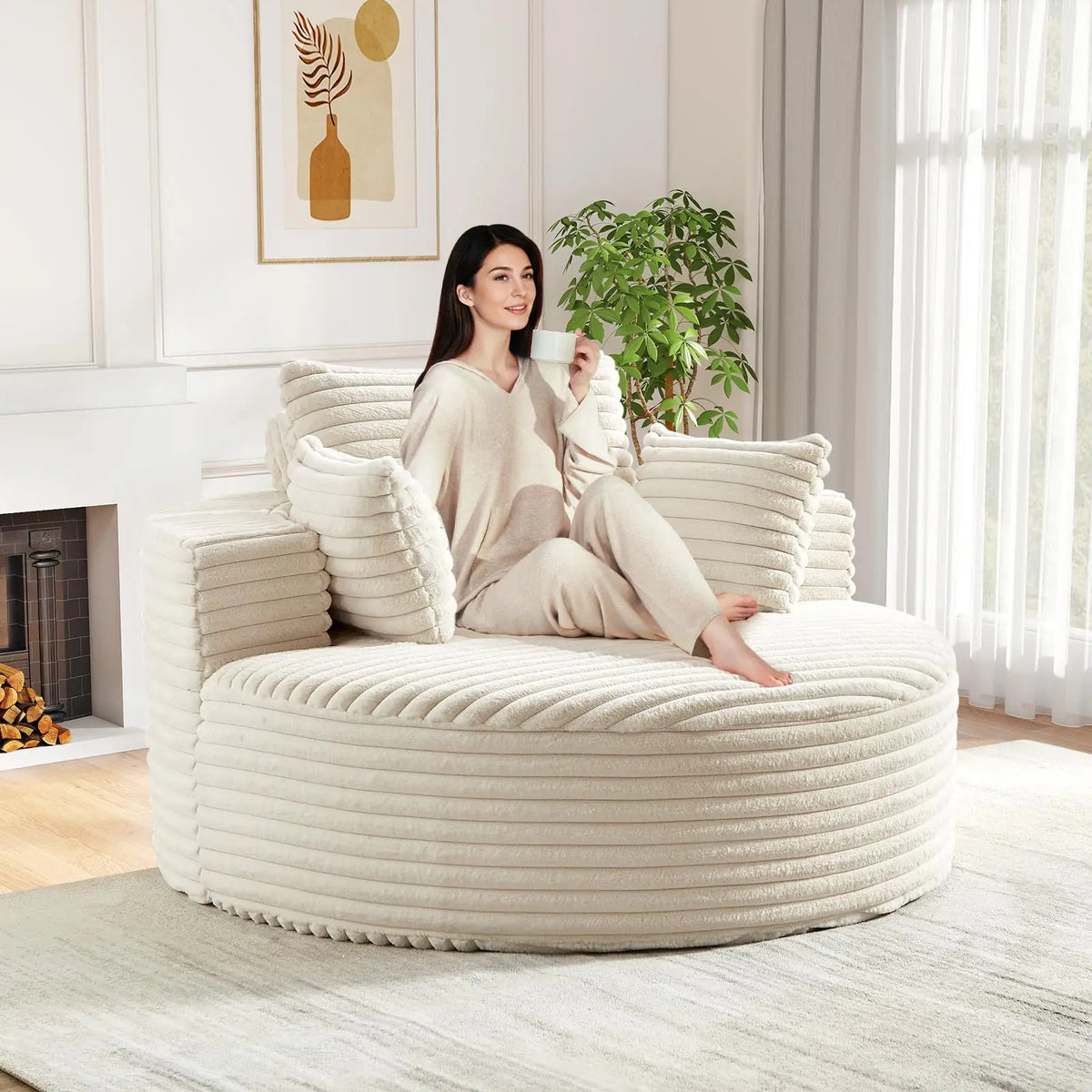 Round Chaise Longue Chair Indoor, Modern 55-inch Upholstered Corduroy Deep Seat Circle Single Cloud Lounge, Customized