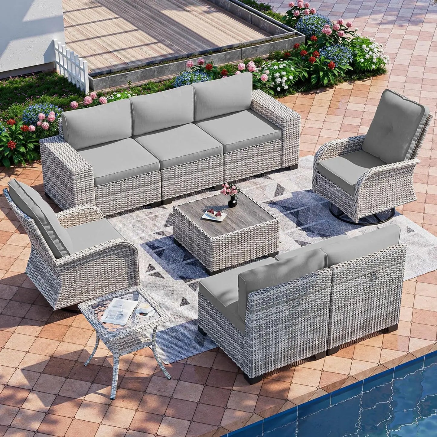 9-Piece Outdoor Patio Furniture Set with Rocking Swivel Chair Wicker Sectional Sofa Set, Patio Conversation Set, Customized