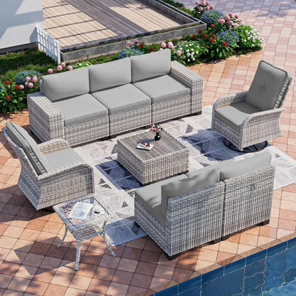9-Piece Outdoor Patio Furniture Set with Rocking Swivel Chair Wicker Sectional Sofa Set, Patio Conversation Set, Customized