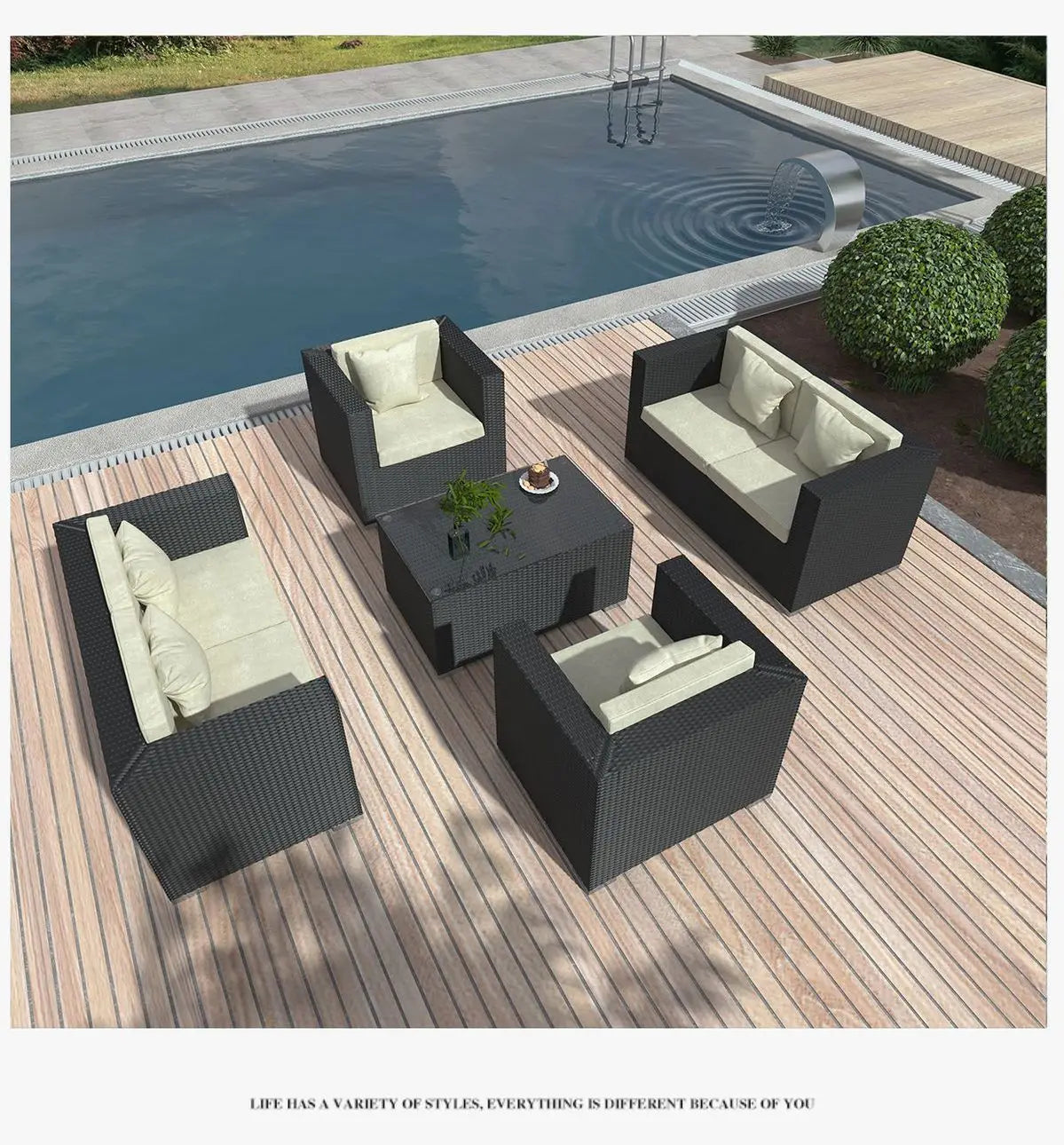 Rattan Garden Furniture Set, Outdoor Corner Sofa Couch, Handwoven Rattan Patio Conversation Set, Cushions and Glass Table