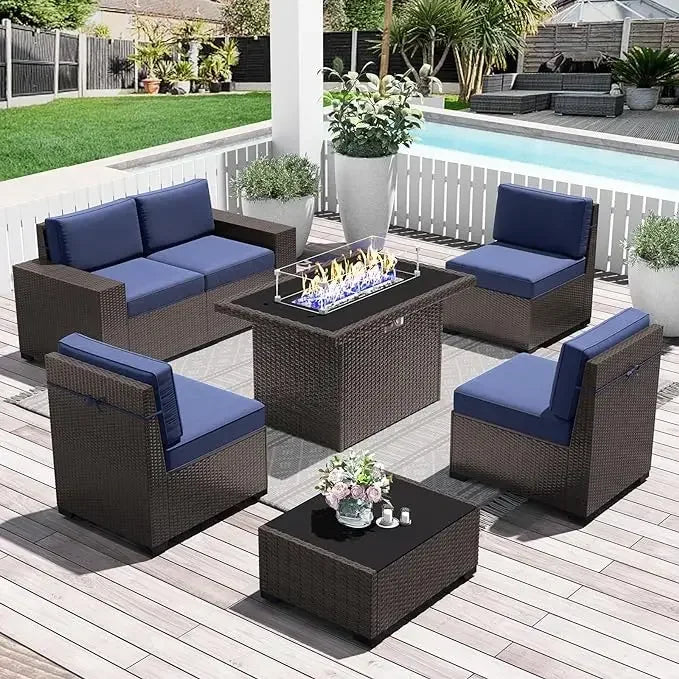 7-Piece Outdoor Patio Furniture with 44-inch Fire Pit Table Rattan Sectional Sofa Conversation Set