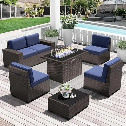 7-Piece Outdoor Patio Furniture with 44-inch Fire Pit Table Rattan Sectional Sofa Conversation Set