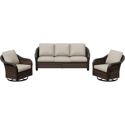 3 Pieces Patio Conversation Set, 78" Wicker 2-Seat Couch with Washable Cushions, Wicker 360 Degree Swivel Glider Rocker Chairs,