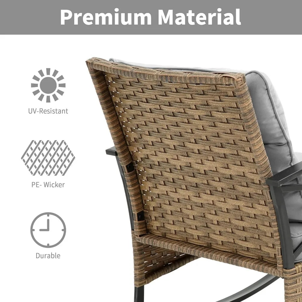 outdoor rocking chairs set - 3 pieces grey patio bistro set outside furniture 2 wicker rocker chairs with grey cushions and tabl