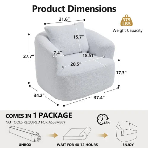 360° Swivel Single Sofa Chair (White) - Teddy Fleece Upholstery, High-Resilience Sponge, Soft Pillow & No Assembly Needed