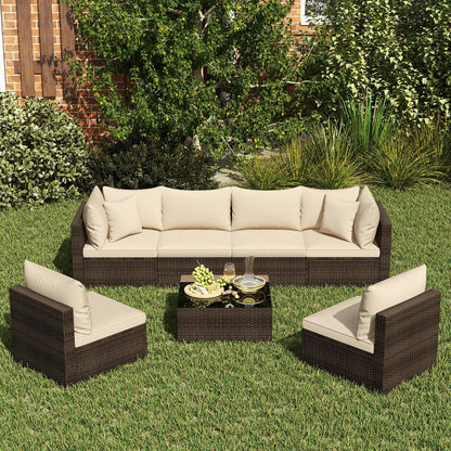 Hot Sale Item 7 PCS Patio Rattan Furniture Set Sectional Sofa Cushioned Garden Brown