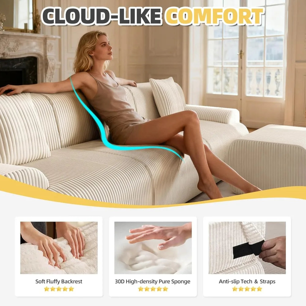 118" Modern L Shaped Modular Sectional Sofa, Boneless Cloud Couch with Ottoman, Oversized Corduroy Couch Deep Seat, 30D Sponge