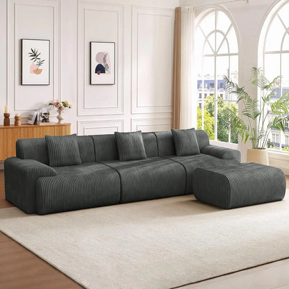 118" Modern L Shaped Modular Sectional Sofa, Boneless Cloud Couch with Ottoman, Oversized Corduroy Couch Deep Seat, 30D Sponge