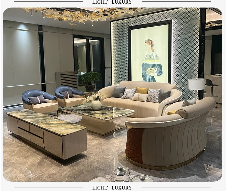 *Italian light luxury leather sofa post-modern model room large apartment high-end