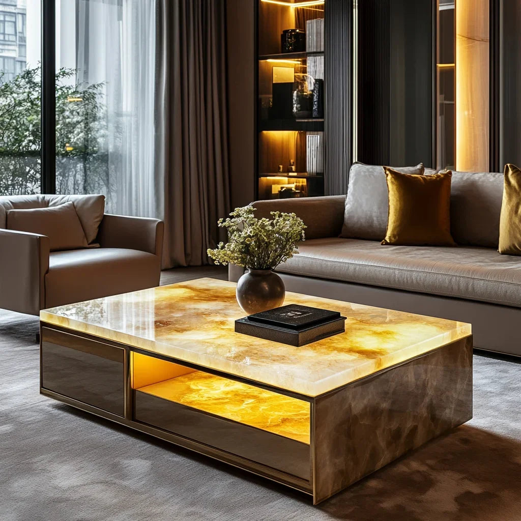 11Customized square modern luminous jade coffee table living room design large flat luxury stone villa marble home