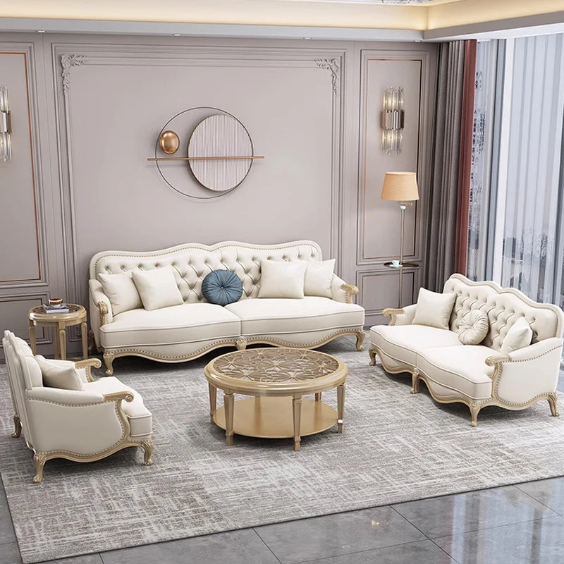Leather sofa combined living room size apartment Italian light luxury high-end luxury solid wood furniture