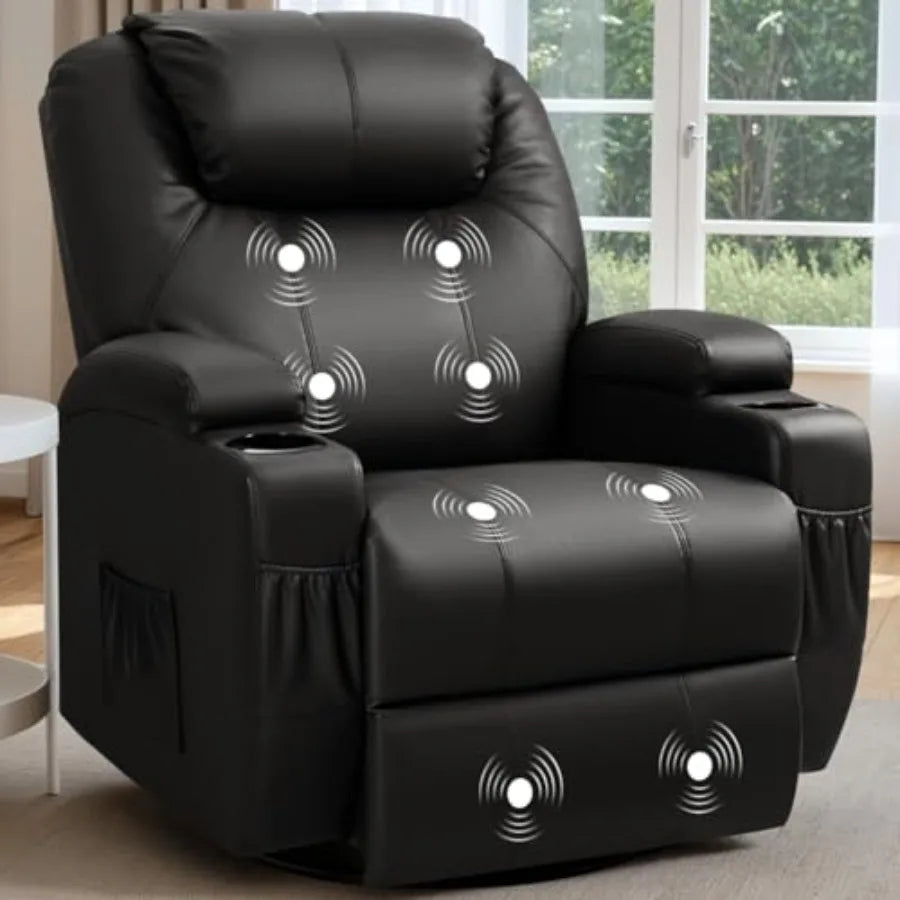 Recliner Chair, 360° Swivel Rocker Chair for Adults, Rocking Recliner Chair with Massage, Comfy Single Sofa with Side Pockets C