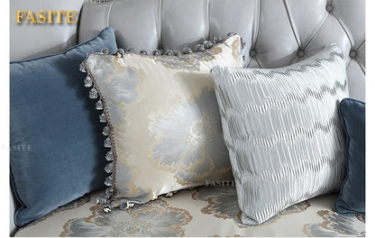 French light luxury living room large apartment first layer cowhide European solid wood carving flower three sofa combination