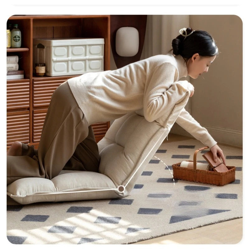 Folding Lounge Chair Cream Lazy Recliner Padded Backrest Compact Foldable Chair for Bedroom Balcony Living Room Furniture
