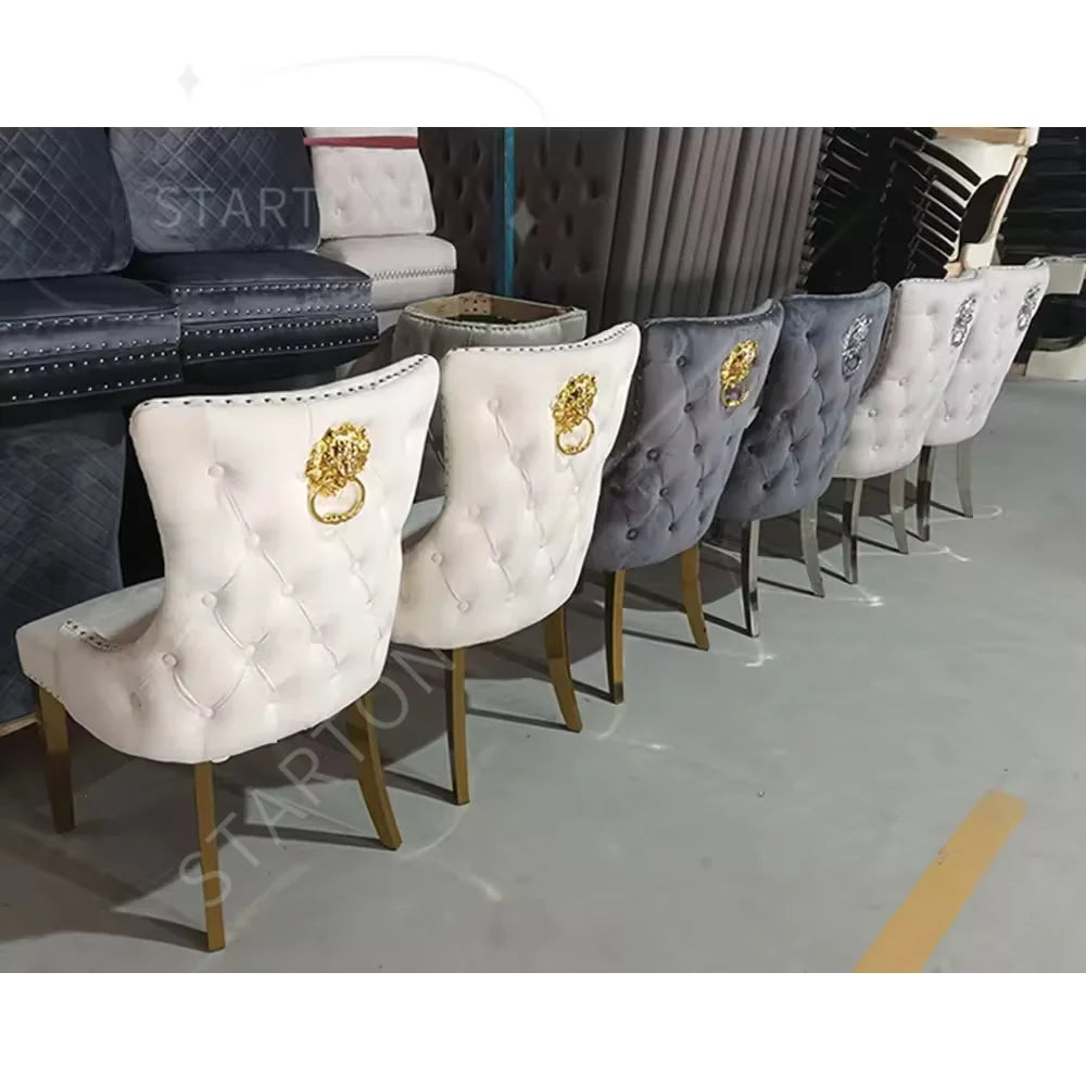 European Luxury Velvet Dining Chairs with Lion Knocker, Modern Button Tufted Design, Stainless Steel Legs  Set of 6