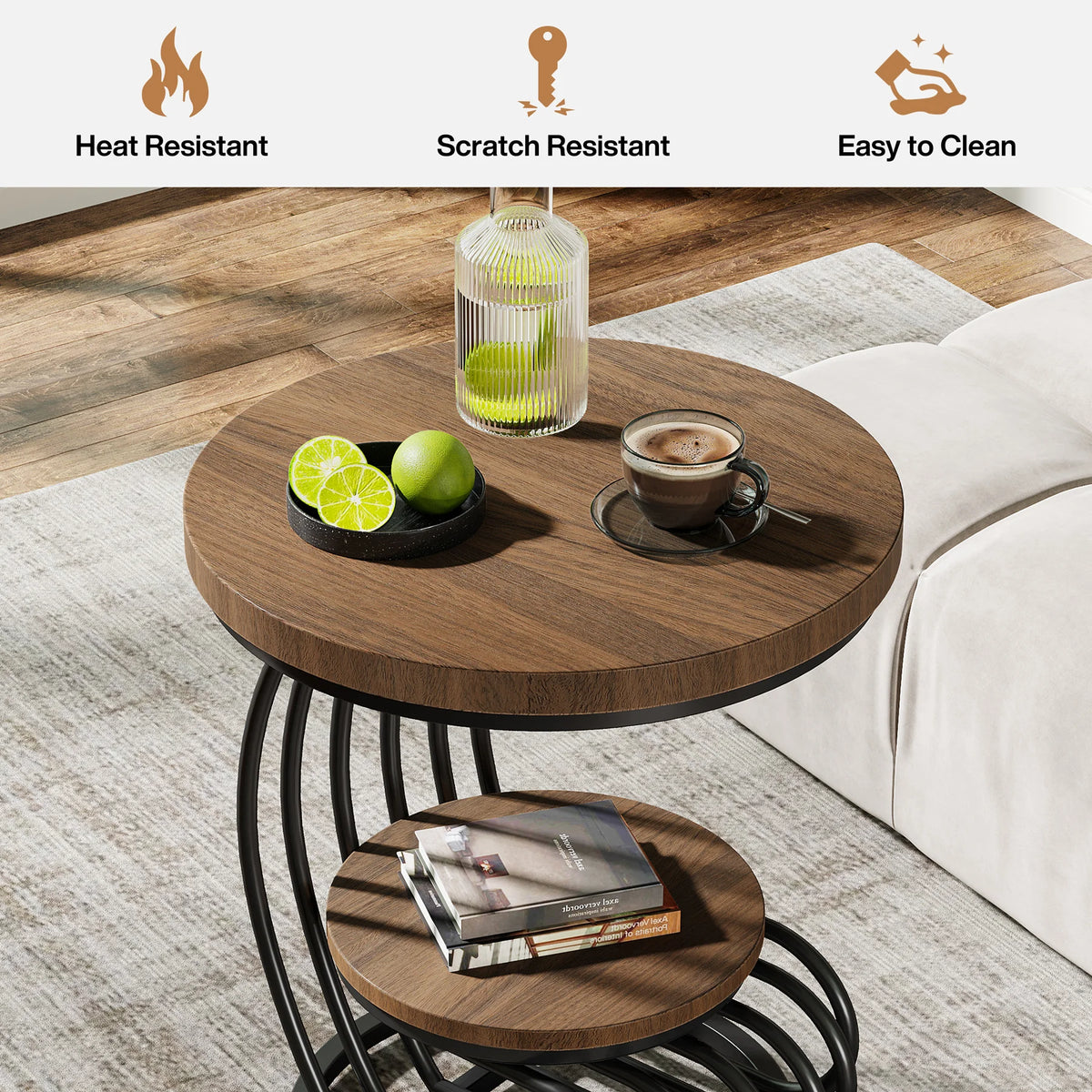 Tribesigns Gold Round End Table: 2 Tiers Faux Marble Side Table with Storage Shelf, Modern White Gold Bedside Nightstand