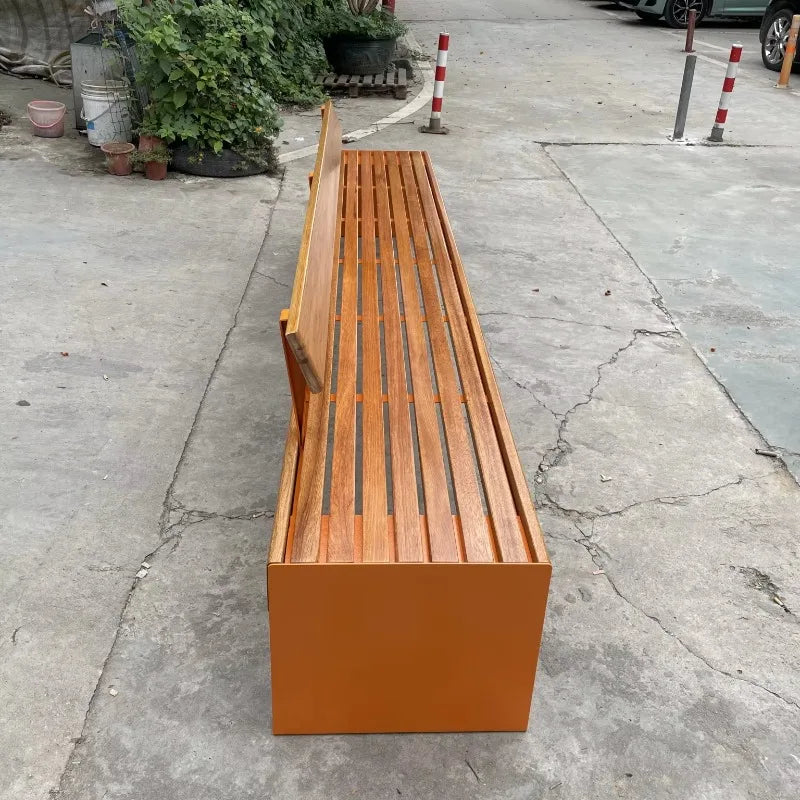 Meubles urbains d'extérieur modernes, banc en acier inoxydable, chaise de jardin en métal, parc, sièges en bois de teck, 2-3 places avec dossier