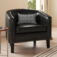 Modern Accent Barrel Chair with Faux Leather Upholstery and Gold Nail Head Trim Black Legs Design for Living Room Bedroom Apart