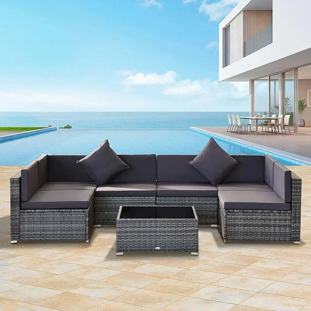 # l 7-piece outdoor furniture set, wicker dialogue set, all-weather rattan combination set, with cushion and tempered glass tabl