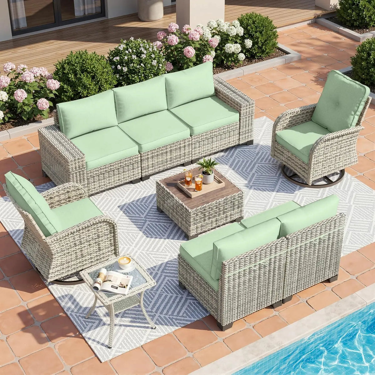 9-Piece Outdoor Patio Furniture Set with Rocking Swivel Chair Wicker Sectional Sofa Set, Patio Conversation Set, Customized