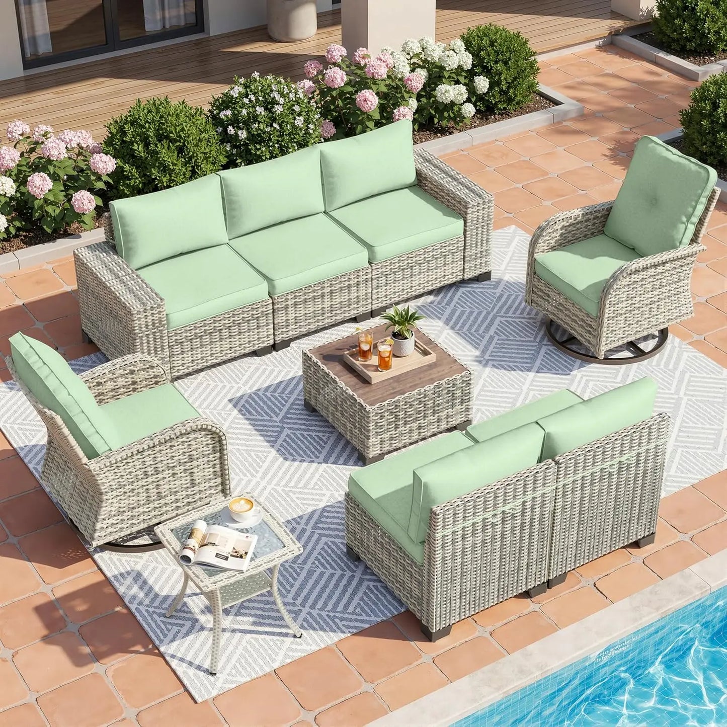 9-Piece Outdoor Patio Furniture Set with Rocking Swivel Chair Wicker Sectional Sofa Set, Patio Conversation Set, Customized