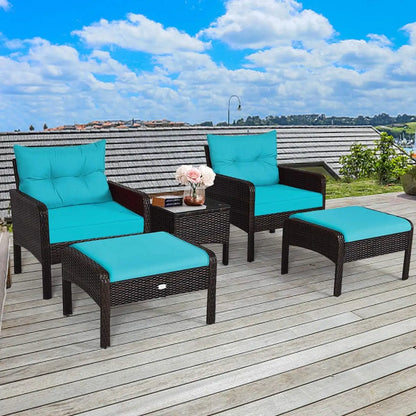 5Pieces Patio Furniture Set Outdoor Rattan Wicker Conversation Set with Coffee Table Cushioned Sofas and Ottoman Chat Set for G