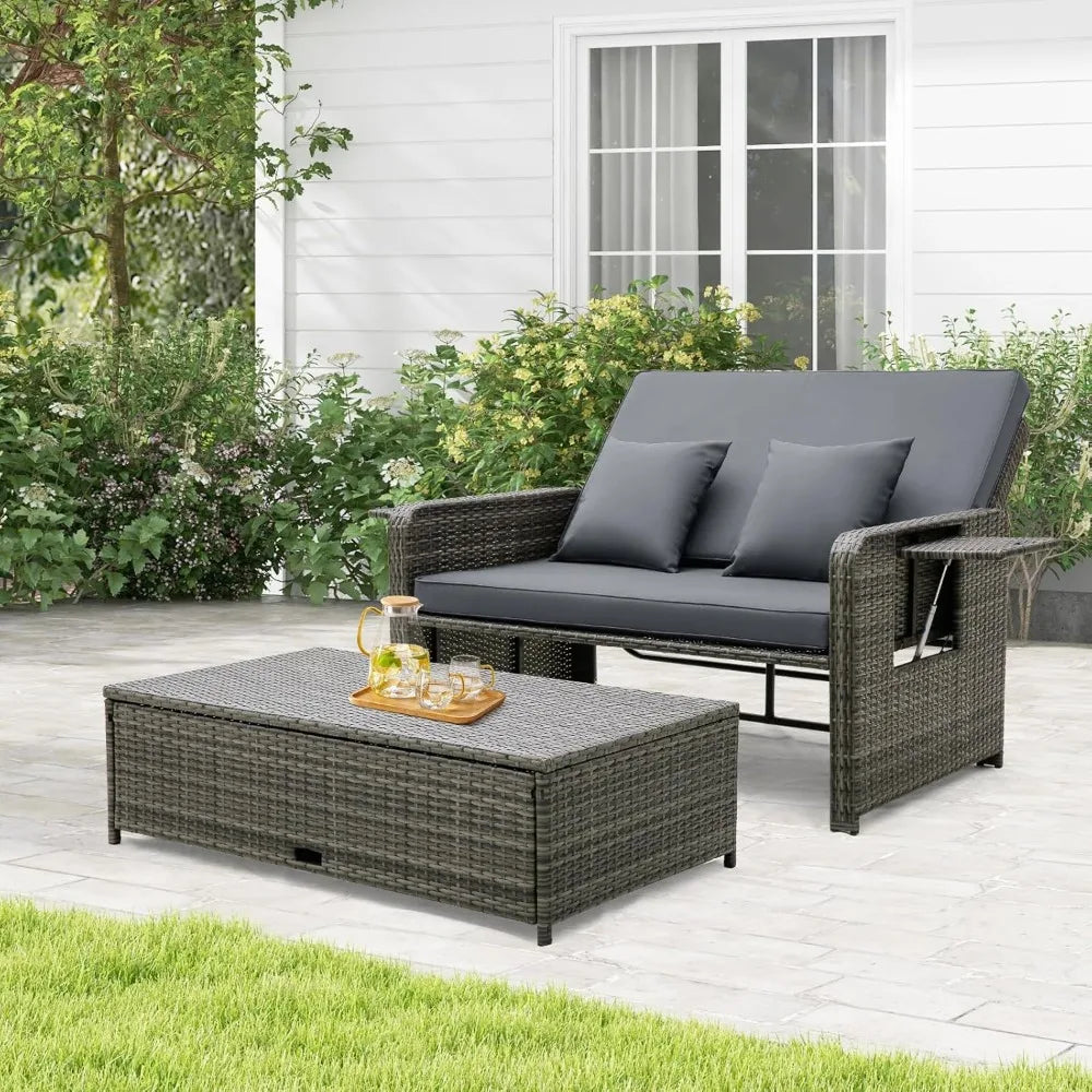 Wicker Patio Outdoor Daybed - Rattan Day Bed Lounger with Loveseat & Storage Ottoman, Sunbed Sofa Set w/Cushions, 4-Level Adjus