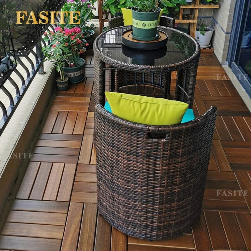 TieHo Garden Rattan Table Chair 3 Set Combination Outdoor Balcony Small Leisure Round Table