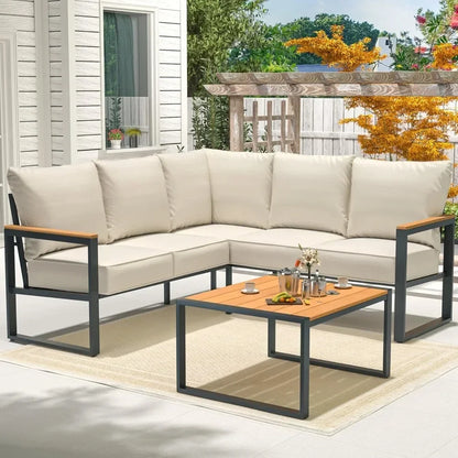 "6-Piece L-Shaped Patio Set - Outdoor Sectional Sofa w/ Faux-Wood Side Table, All-Weather Conversation Group"