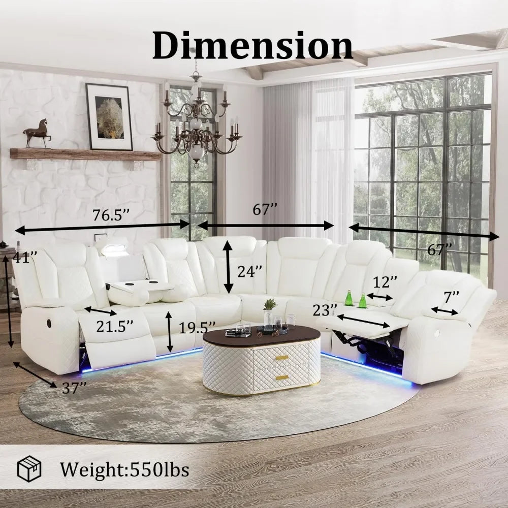 Power Reclining Sectional Sofa USB Chargers and Storage Console, Leather Recliner Sofa for Living Room Furniture Set