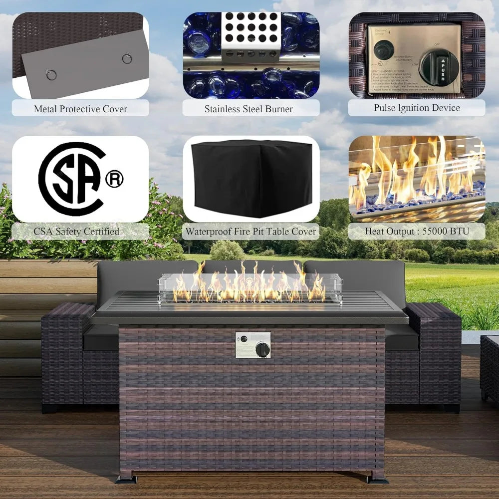 "13-piece propane fire pit patio furniture set with sectional sofa and conversation area"