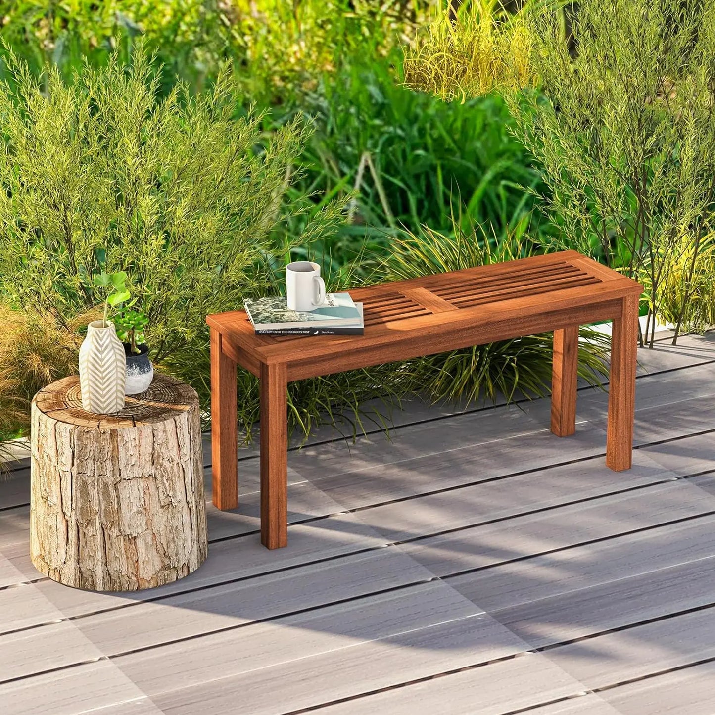 Tangkula Patio Wood Bench, 2-Person Solid Wood Bench with Slatted Seat, 39.5" Long Loveseat with Stable Wood Frame, Indoor Outdo