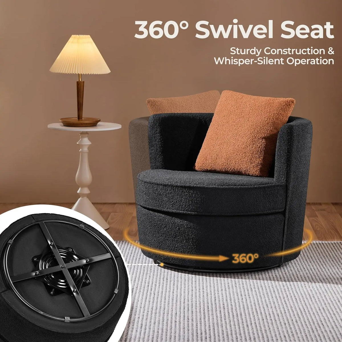 Swivel Accent Chair, 360 Degree Soft Boucle Swivel Barrel Chair, Upholstered Round Armchair with Pillow, Teddy Sofa Sherpa Chair