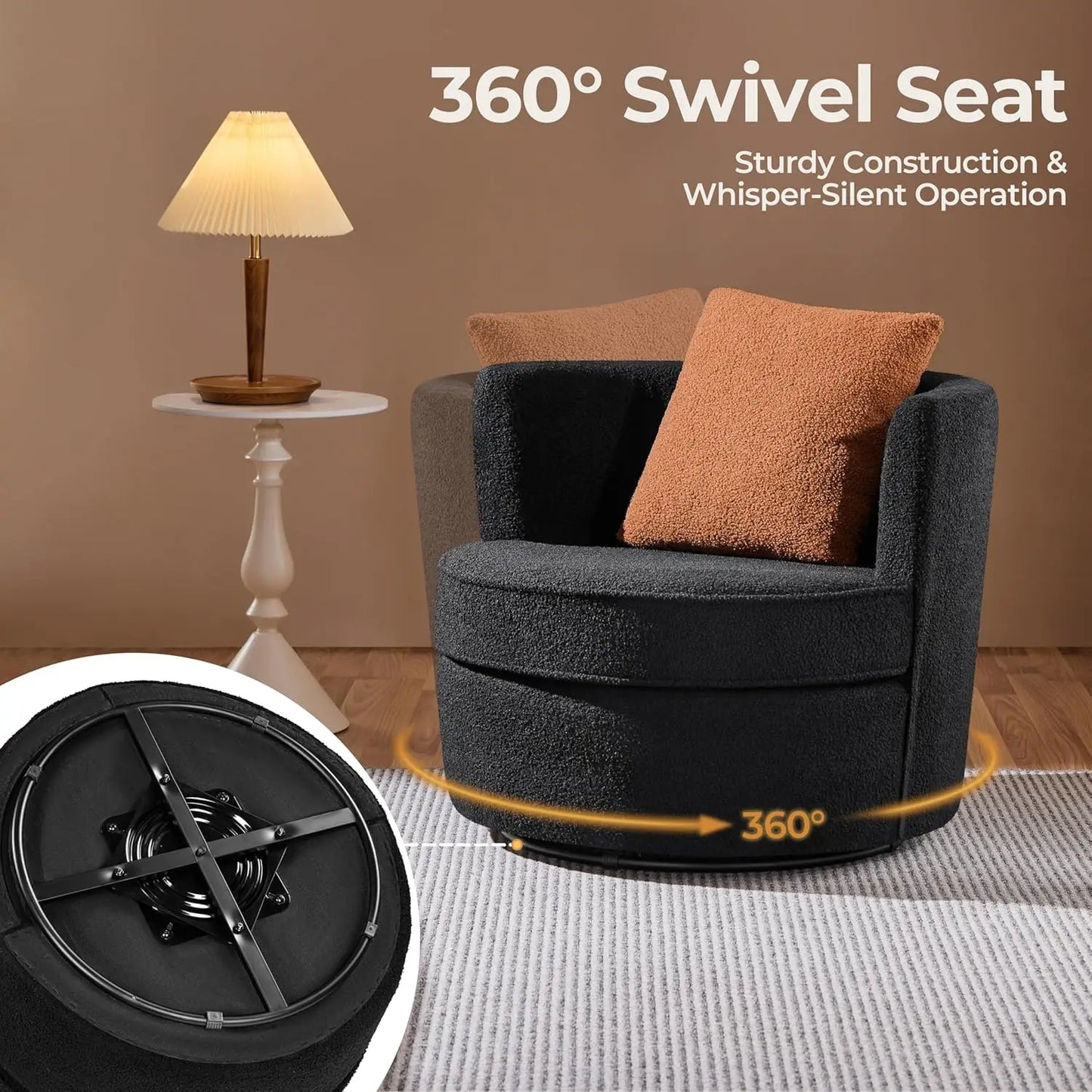 Swivel Accent Chair, 360 Degree Soft Boucle Swivel Barrel Chair, Upholstered Round Armchair with Pillow, Teddy Sofa Sherpa Chair
