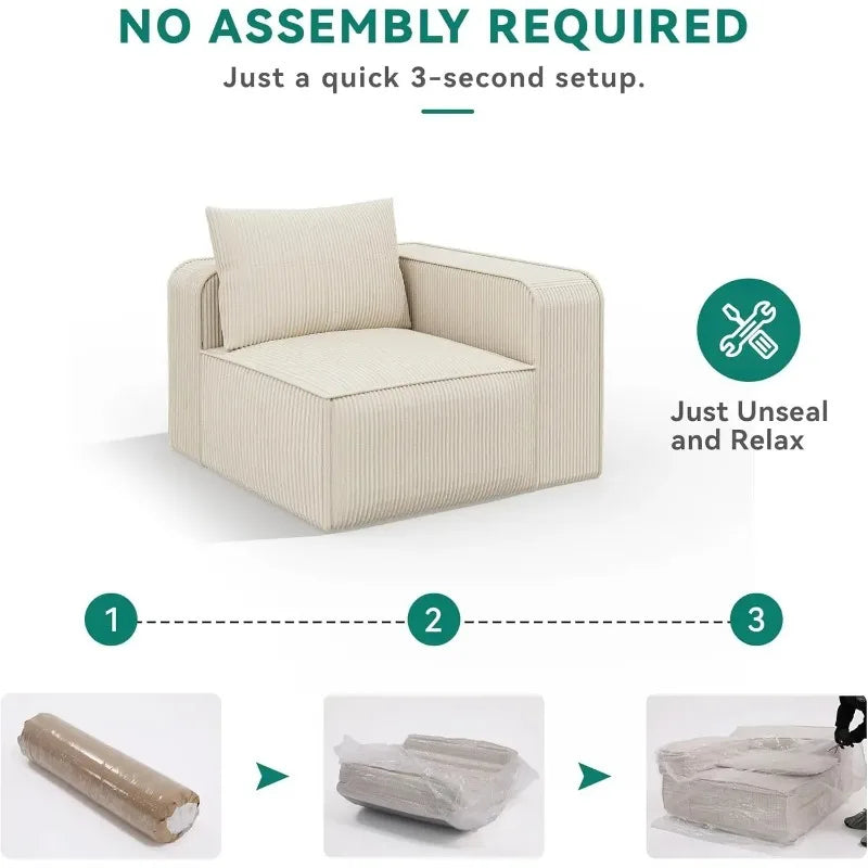 Luxurious 3-Seat Deep Modular Sectional Sofa with Cloud Comfort and 3 Pillows in Corduroy for Living Spaces and Apartments
