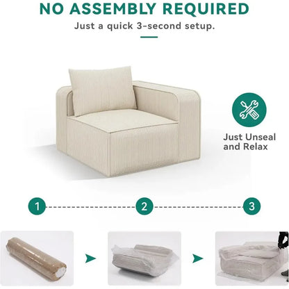 Luxurious 3-Seat Deep Modular Sectional Sofa with Cloud Comfort and 3 Pillows in Corduroy for Living Spaces and Apartments