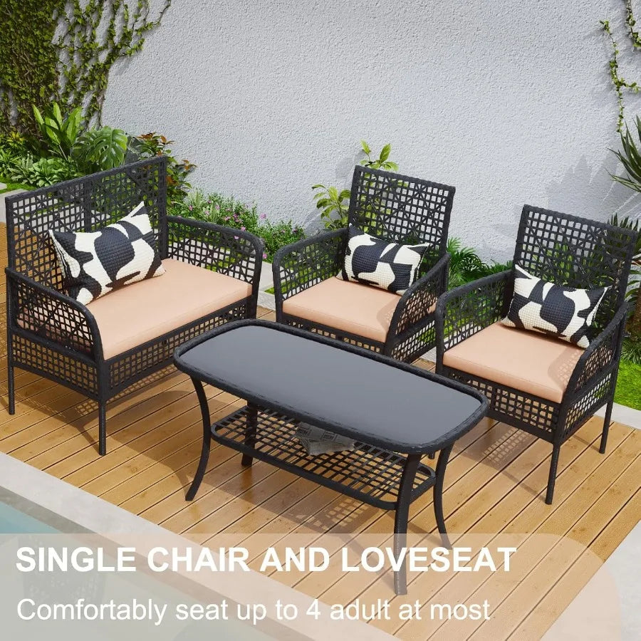 4 Pieces Outdoor Patio Furniture Set Featuring PE Rattan Wicker Garden Conversation Chairs with Tempered Glass Table and Soft C