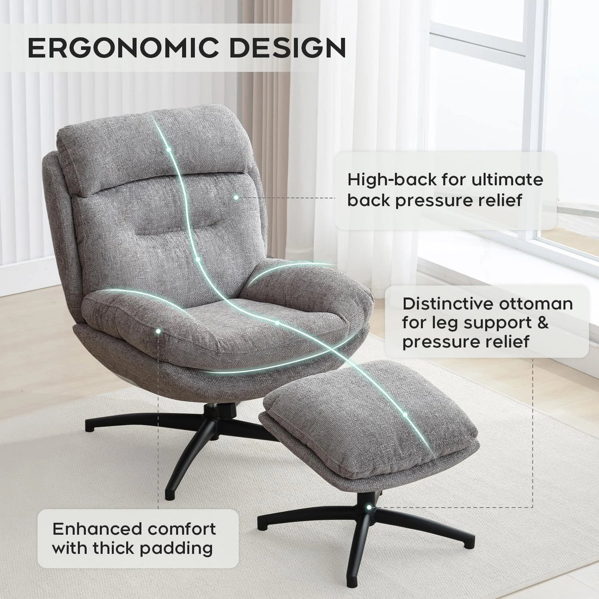 TODRANI 360° Swiveling Tilting Chenille Accent Chair with Ottoman Comfy Modern Armchair for Living Room Reading TV Lounge Chair