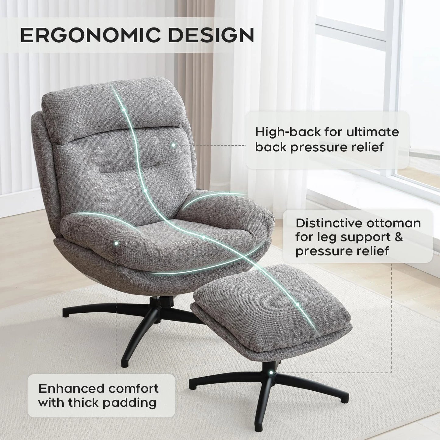 TODRANI 360° Swiveling Tilting Chenille Accent Chair with Ottoman Comfy Modern Armchair for Living Room Reading TV Lounge Chair