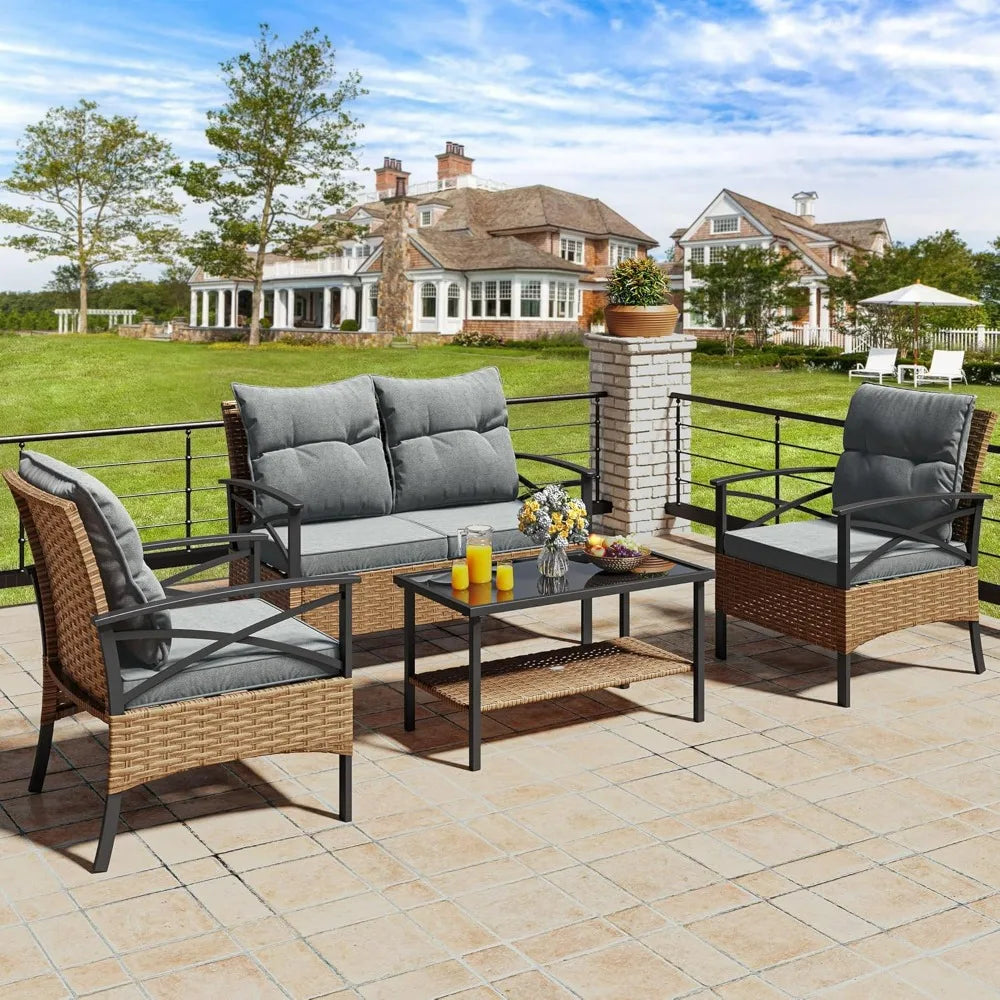 4-Piece Patio Furniture Wicker Outdoor Bistro Set, All-Weather Rattan Conversation Loveseat Chairs for Backyard, Balcony and De