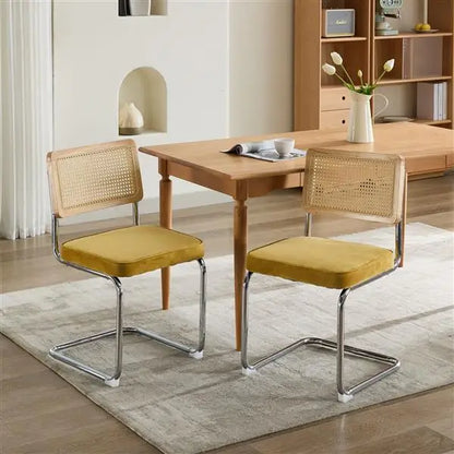 mid Century Modern Dining Chairs Set of 2 Velvet Accent Chairs Natural Cane Back Stainless Chrome Base Breuer De Famous Design