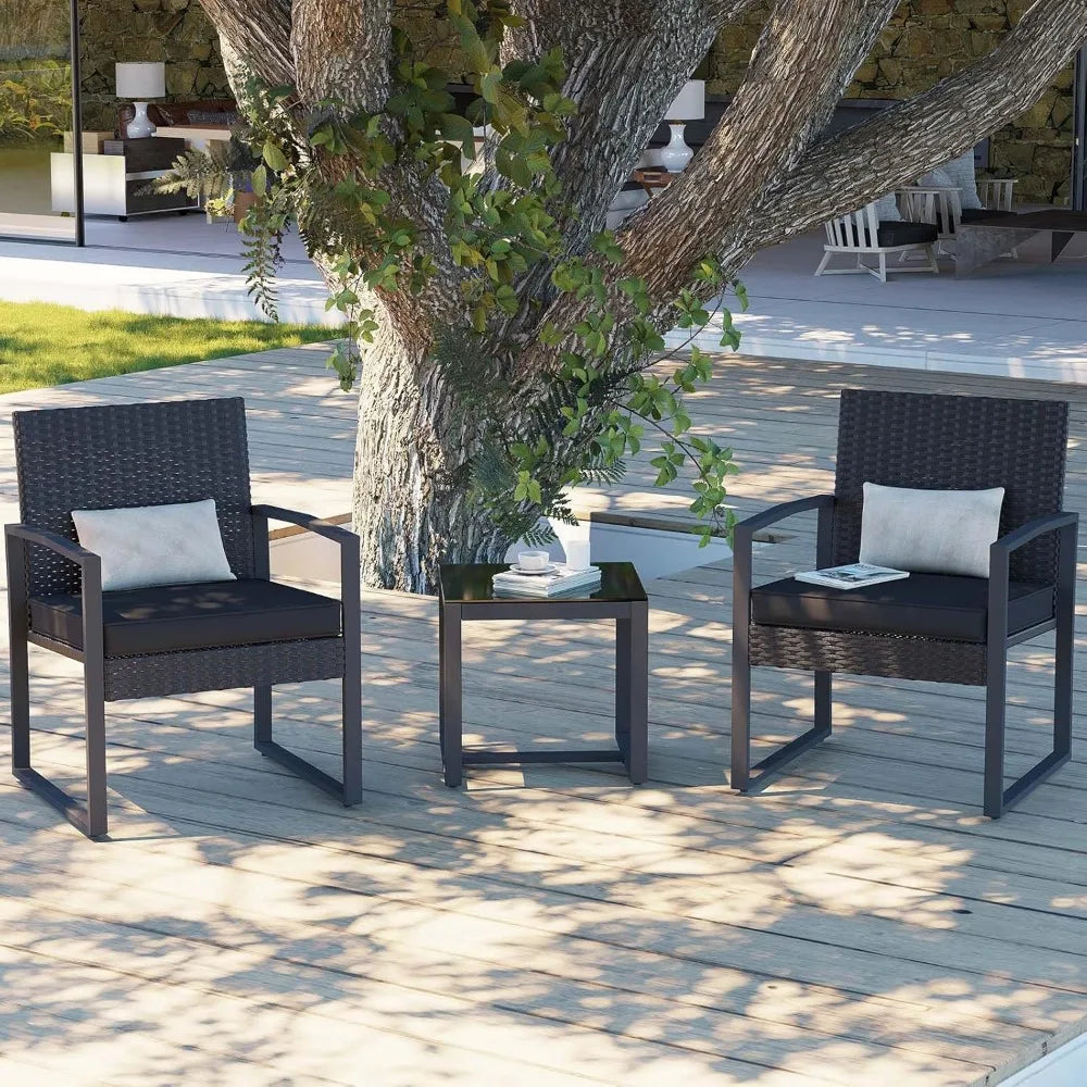 3 Pieces Patio Furniture Set, Outdoor Wicker Bistro Set, Modern Rattan Conversation Furniture with 2 Chairs and Tempered