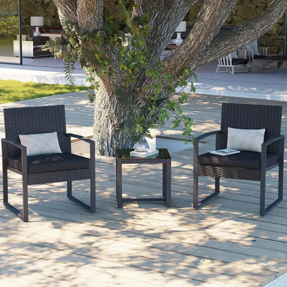 3 Pieces Patio Furniture Set, Outdoor Wicker Bistro Set, Modern Rattan Conversation Furniture with 2 Chairs and Tempered