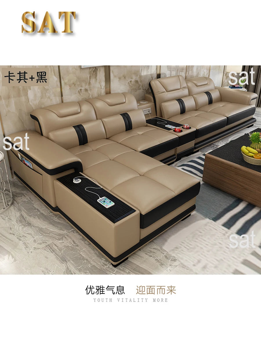 for Modern Living Room Sofas L Shape Corner Italian Genuine Leather Couch with Speake,Radio,USB, Bluetooth, Cup Holder