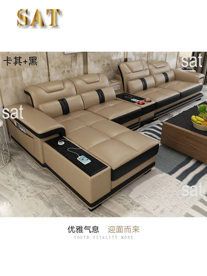 for Modern Living Room Sofas L Shape Corner Italian Genuine Leather Couch with Speake,Radio,USB, Bluetooth, Cup Holder