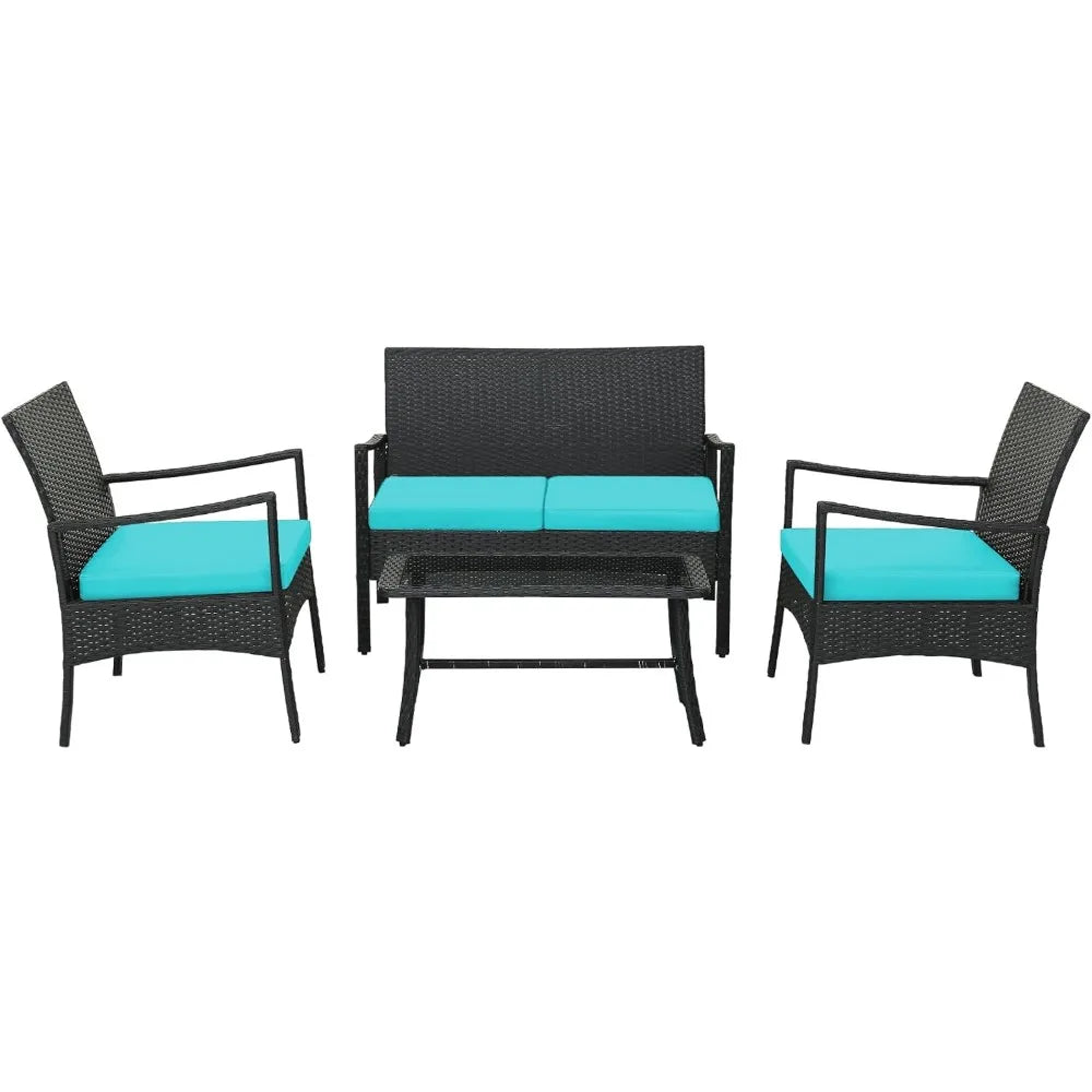 4 Piece Wicker Patio Furniture Set, Outdoor PE Rattan Conversation Sets with Chairs, Loveseat & Tempered Glass Coffee Ta