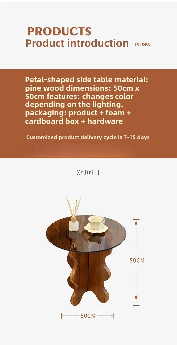 Table basse ondulée en bois massif, pétale rétro français, table créative en verre trempé, petite table ronde