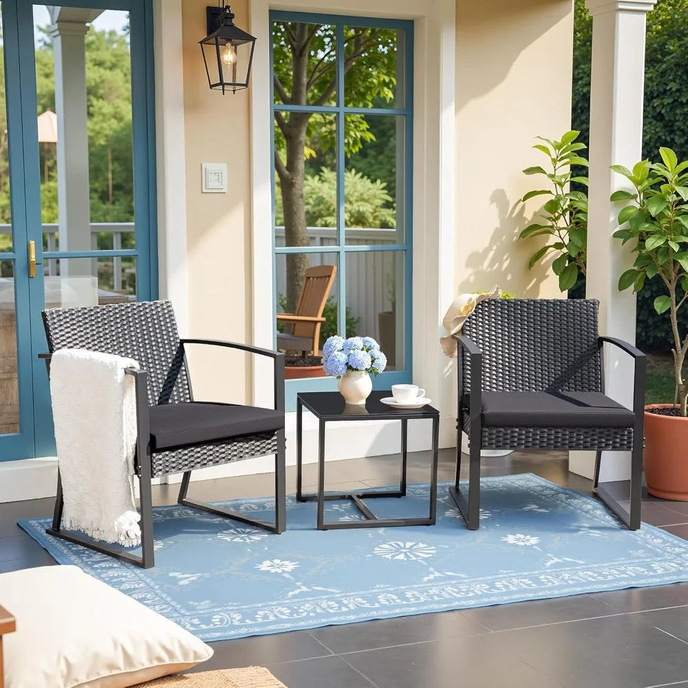 Outdoor Furniture Set Patio Bistro Chairs with Glass Coffee Table for Pool Beach Backyard Balcony Porch Deck Garden,Black