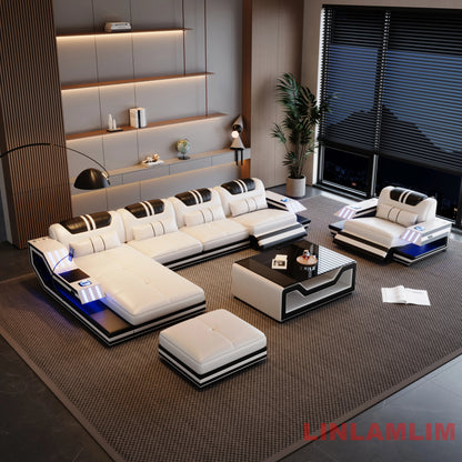Convertible Genuine Leather Sectional Sofa Bed with Adjustable Headrests, Electric Recliners, Storage, Speakers, USB & LED Light